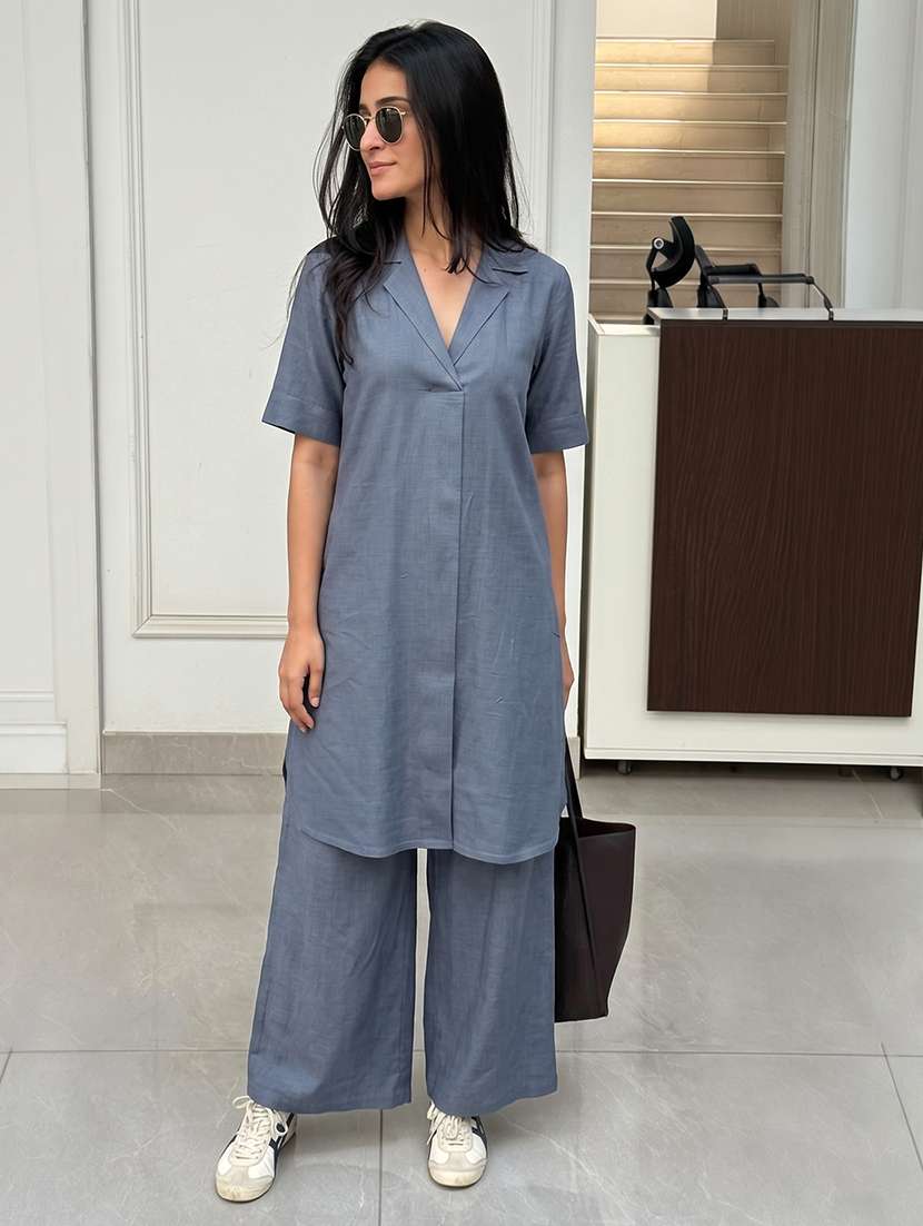women solid short sleeves kurta pant set
