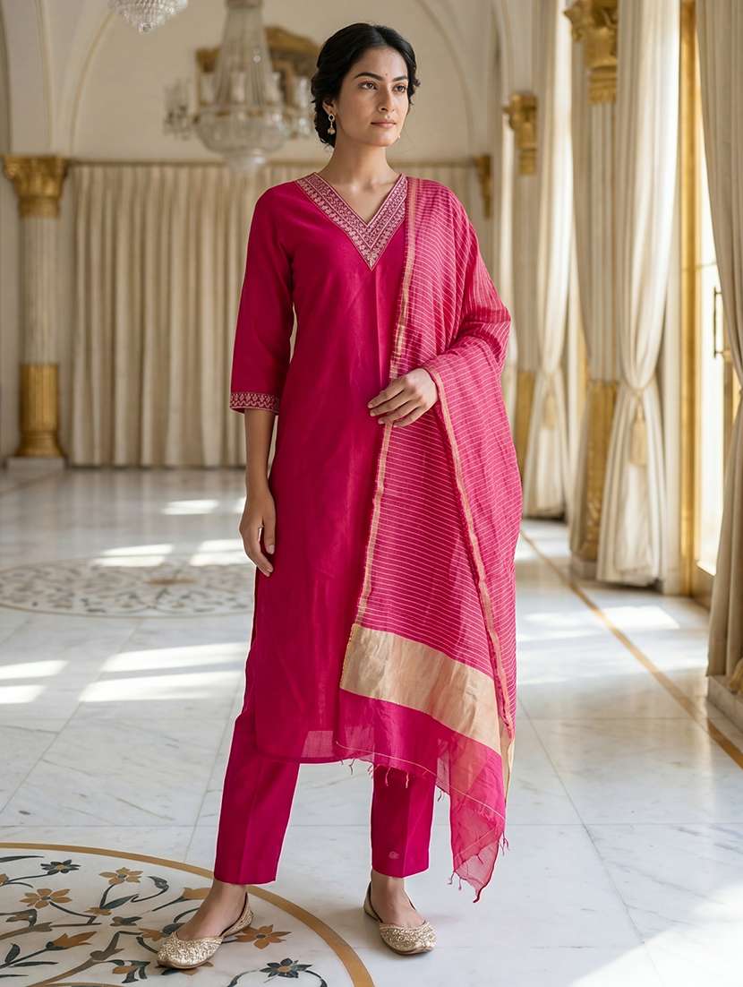 women embroidered three quarter sleeves kurta pant set with dupatta