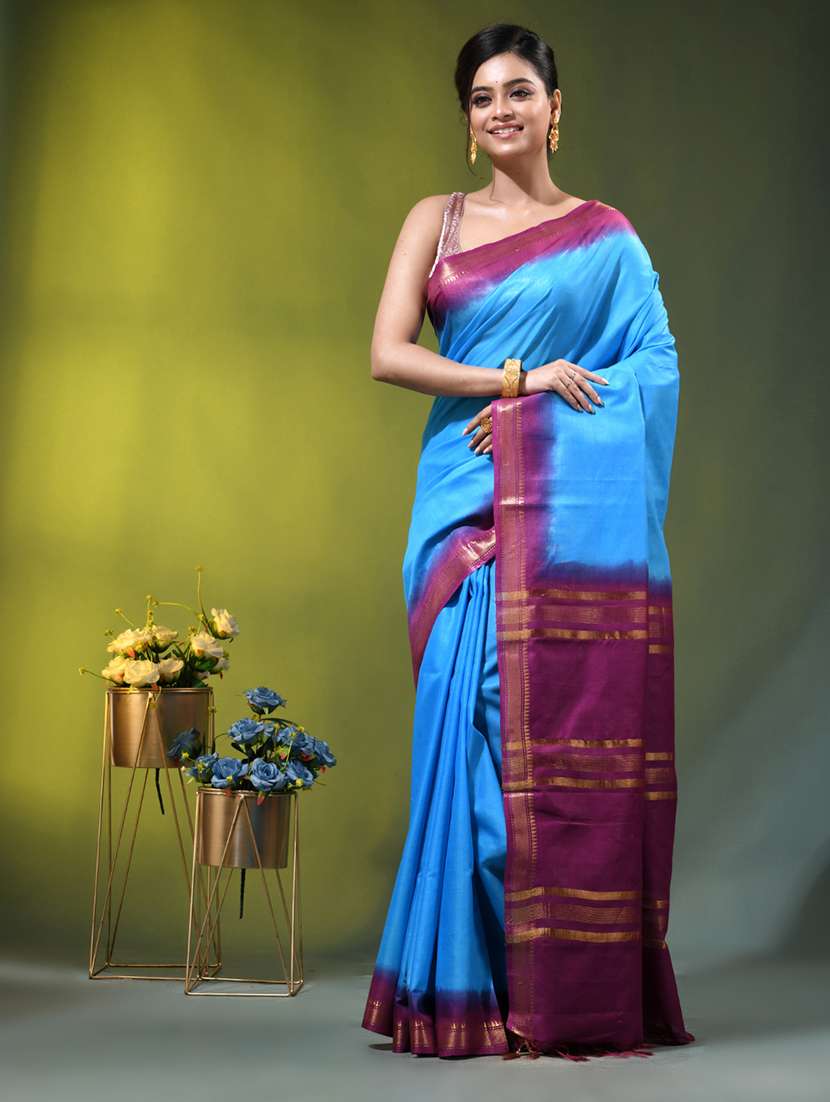 women solid with bordered saree with blouse