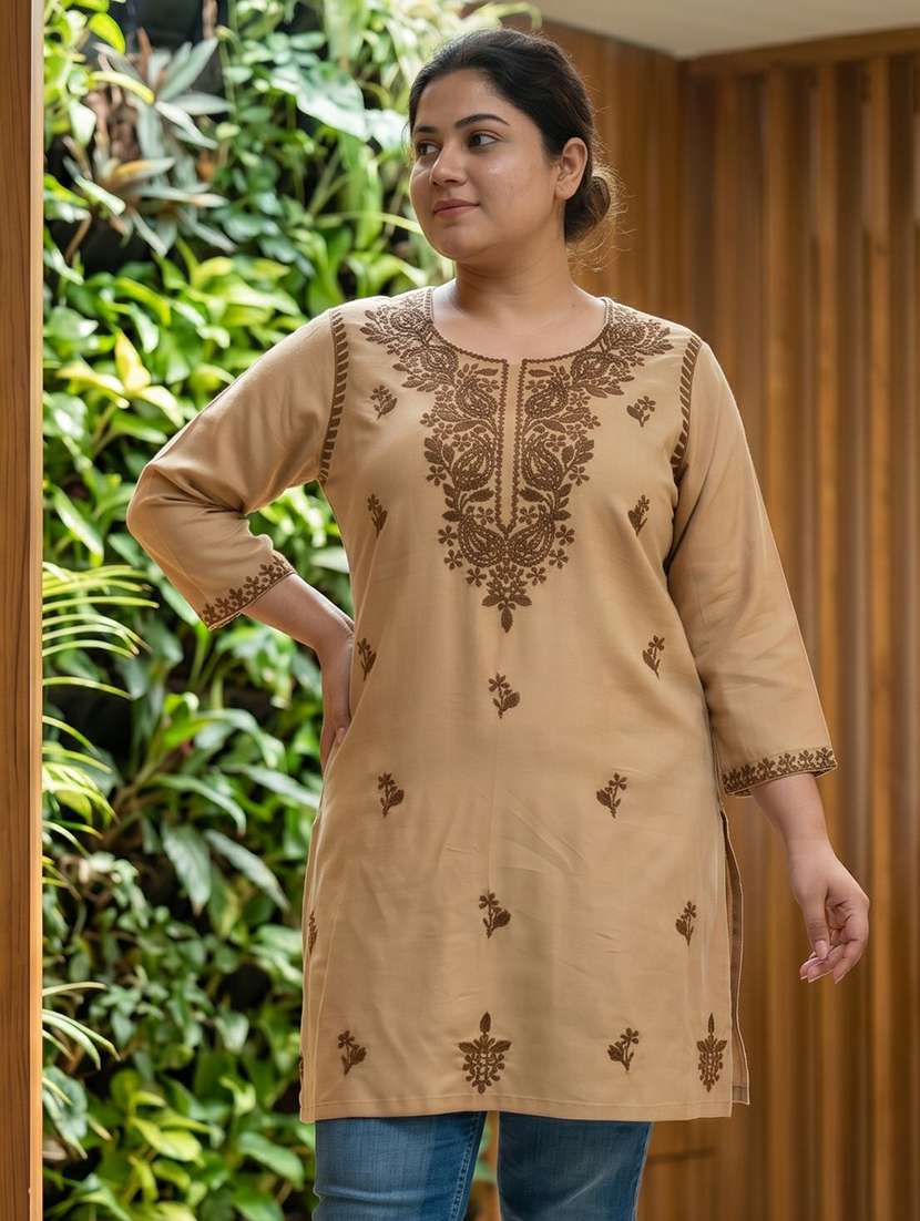 women embroidered three quarter sleeves straight kurti