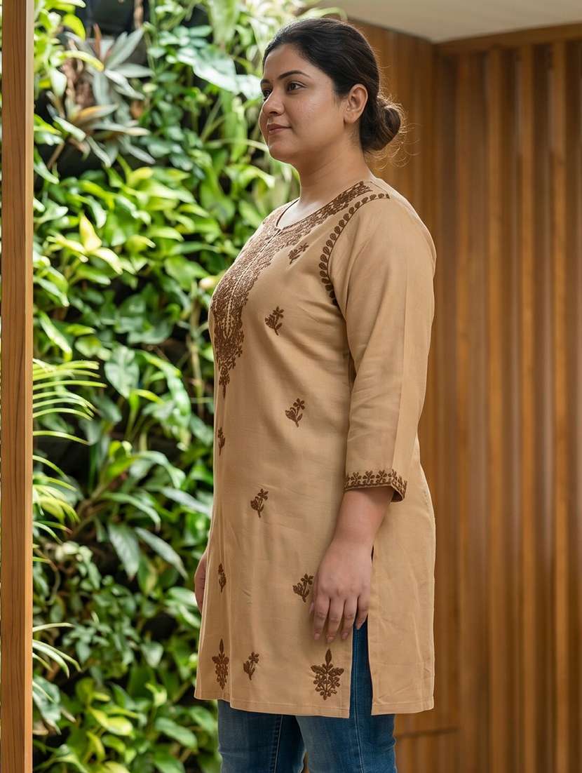 Women Embroidered Three Quarter Sleeves Straight Kurti - 22686344 -  Standard Image - 3