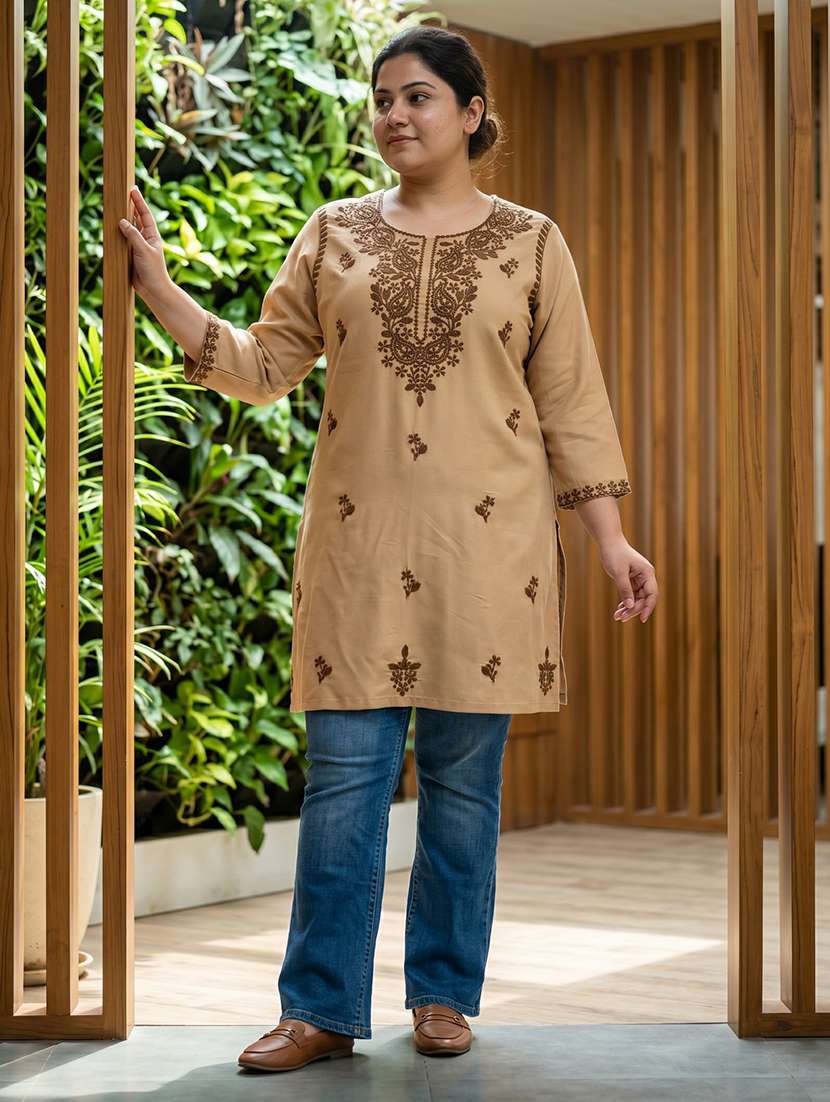 Women Embroidered Three Quarter Sleeves Straight Kurti - 22686344 -  Standard Image - 5