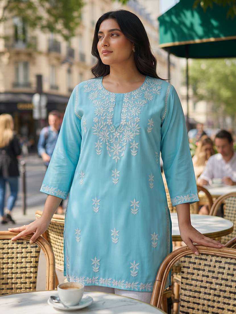 women embroidered three quarter sleeves straight kurti