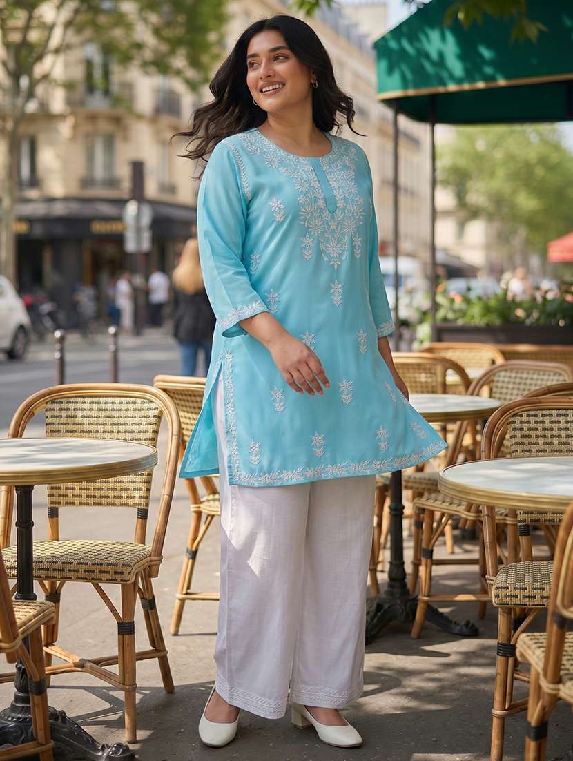 women embroidered three quarter sleeves straight kurti - 22686345 -  Standard Image - 3