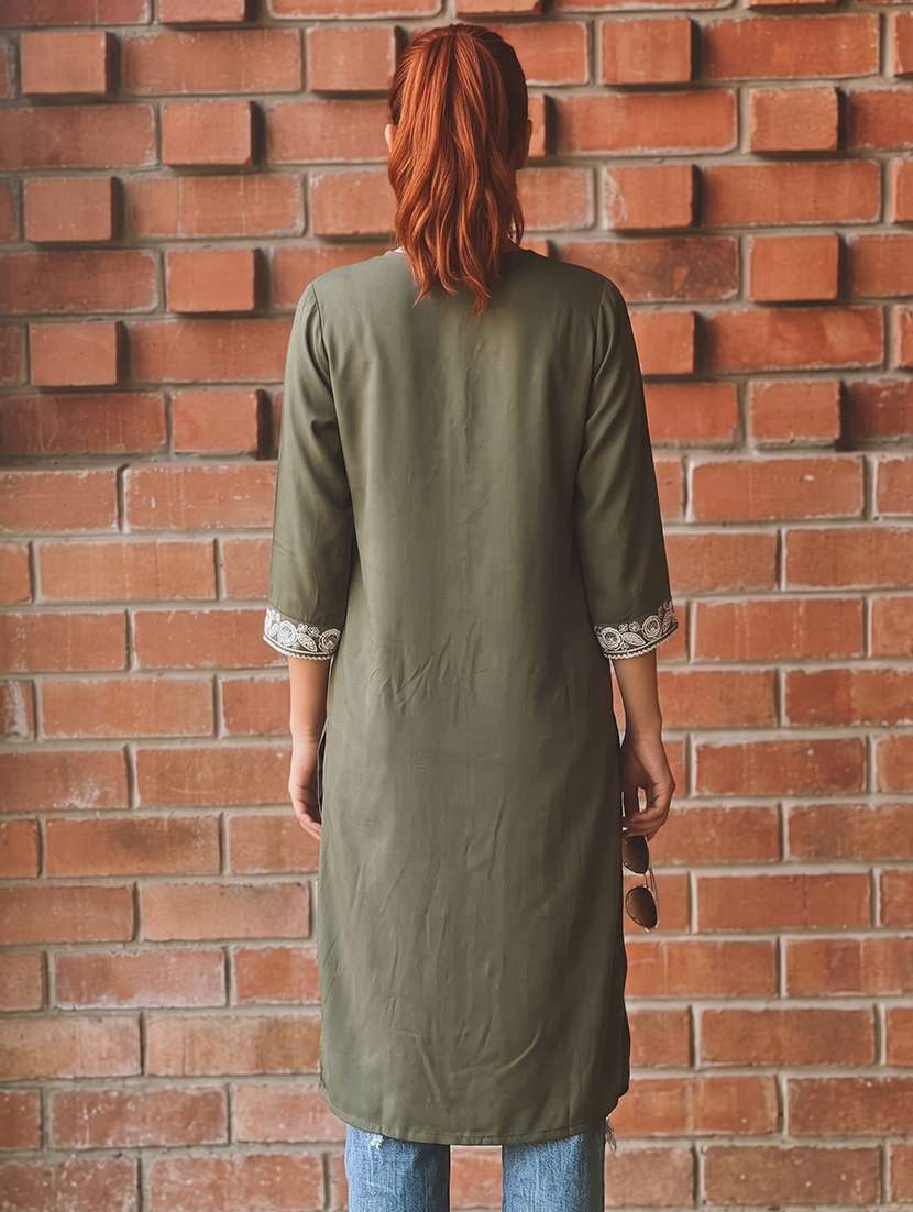 women embroidered three quarter sleeves straight kurta - 22686348 -  Standard Image - 3