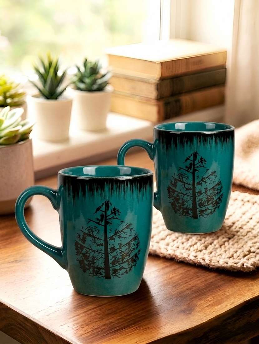 green ceramic nature & landscapes mug set of 2