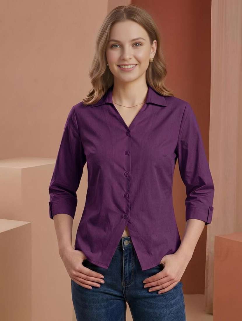 women solid three quarter sleeves regular shirt