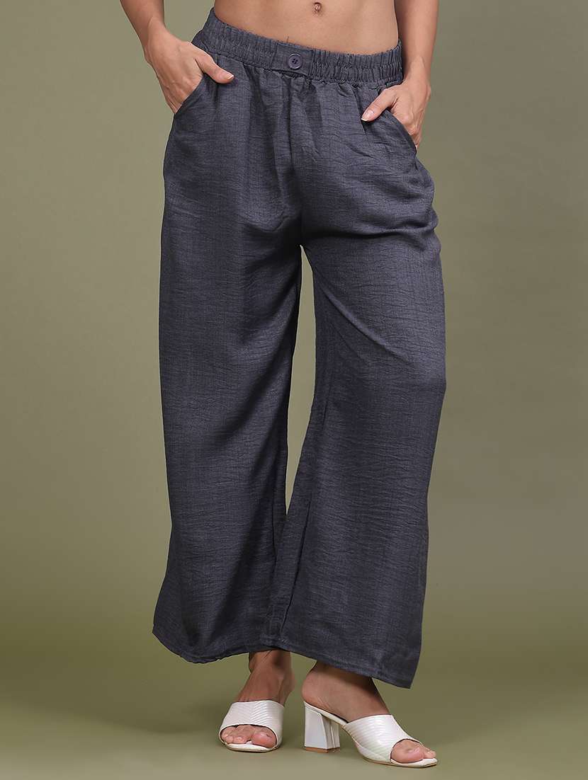 women solid mid rise wide leg trouser