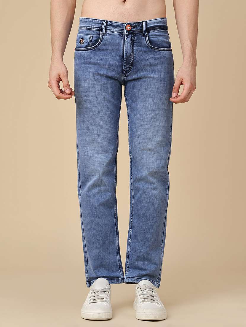 men washed mid rise full length straight jeans