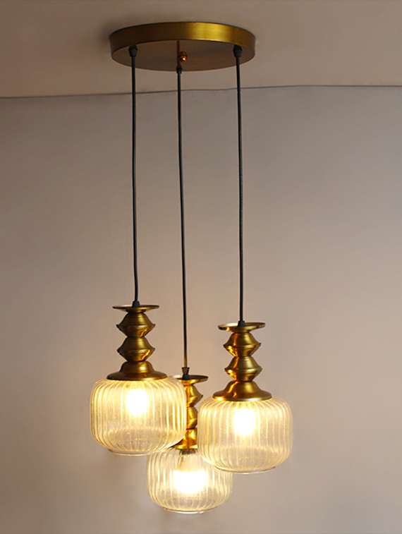 3-light ribbed clear glass cluster hanging light