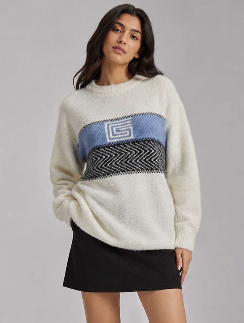women self design long sleeves regular fit pullover