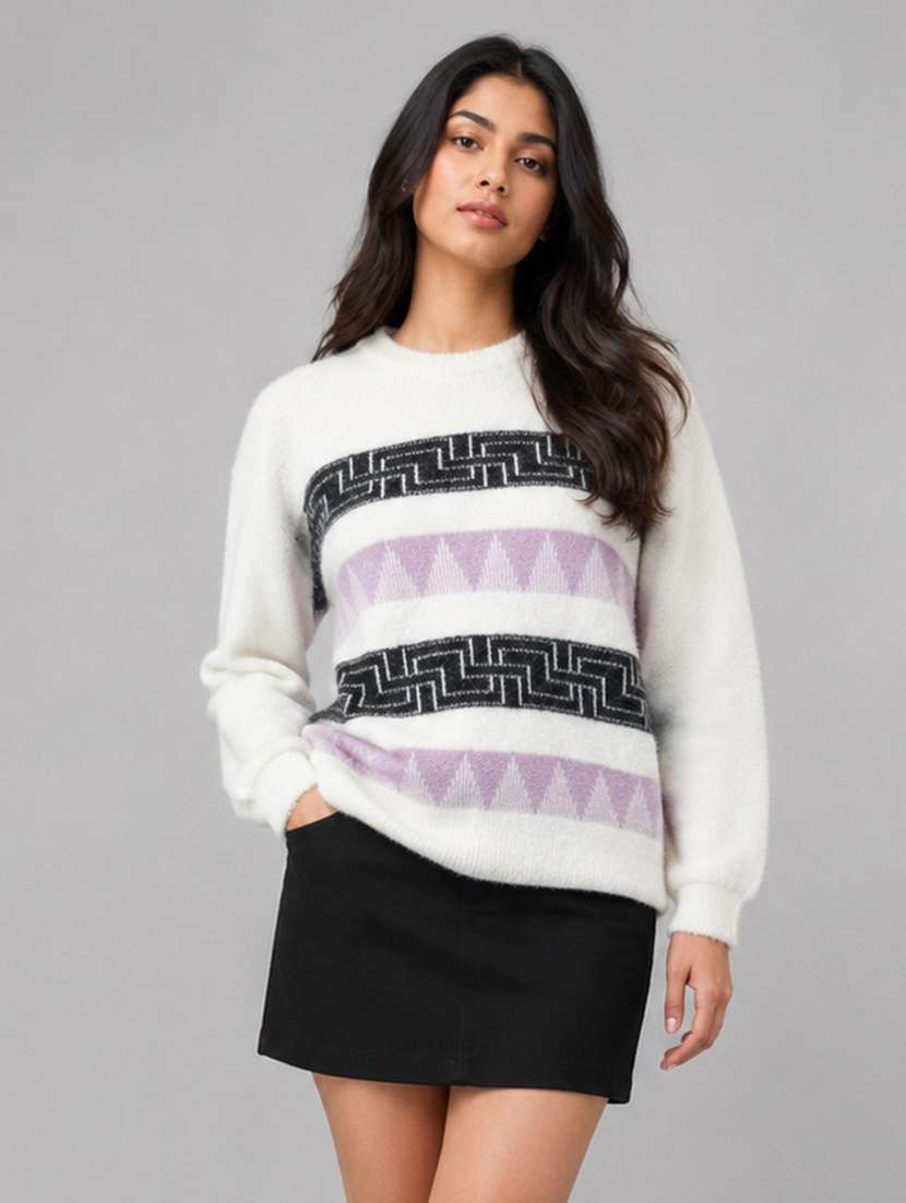 women self design long sleeves regular fit pullover
