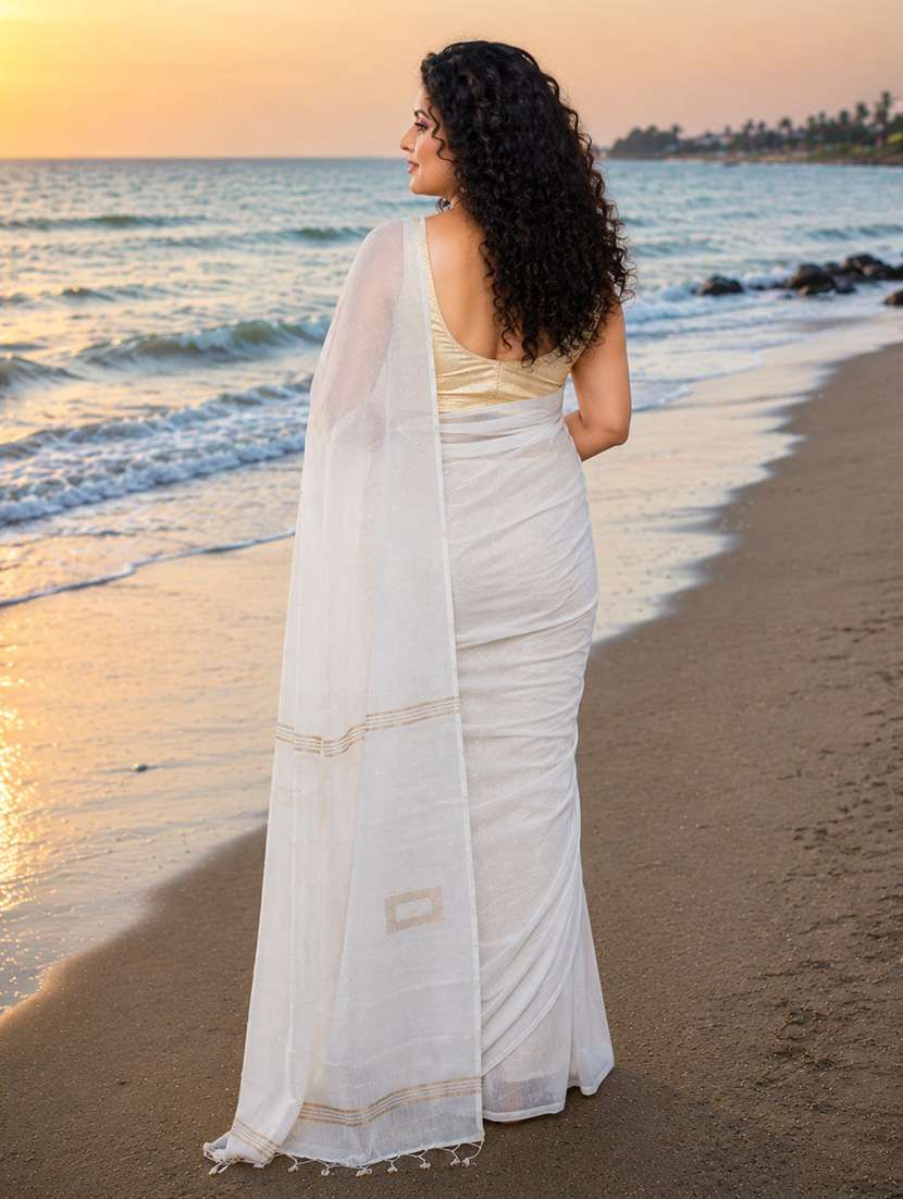 Women Solid With Work Handloom Saree With Blouse - 22687402 -  Standard Image - 3