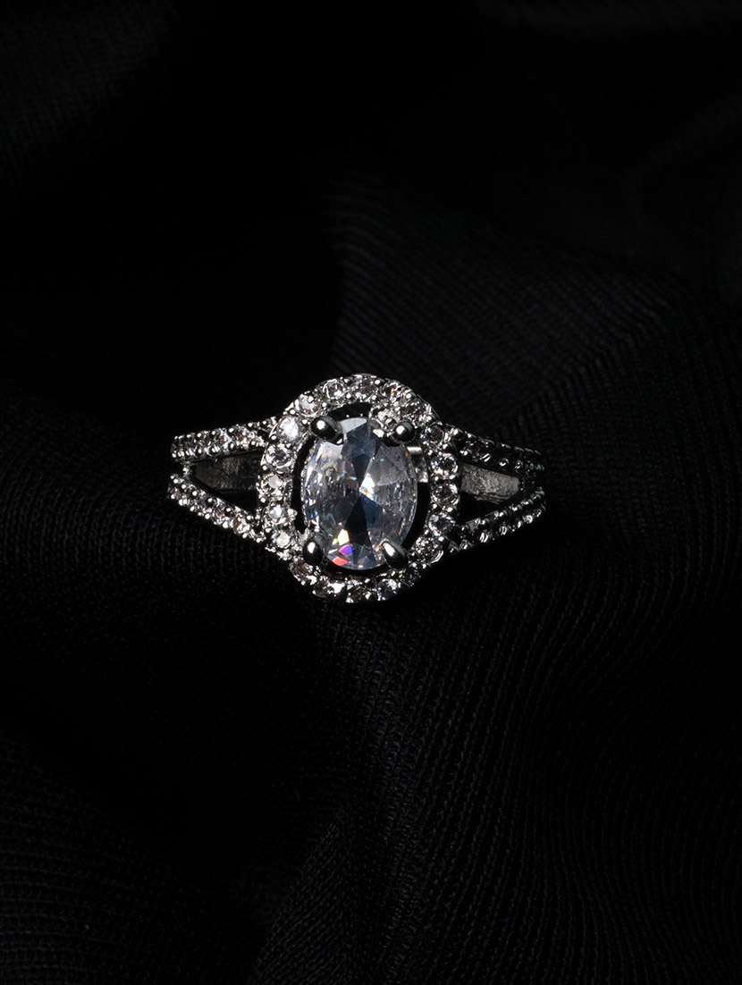 women rhodium plated american diamond with oval center stone & halo openwork pattern ring