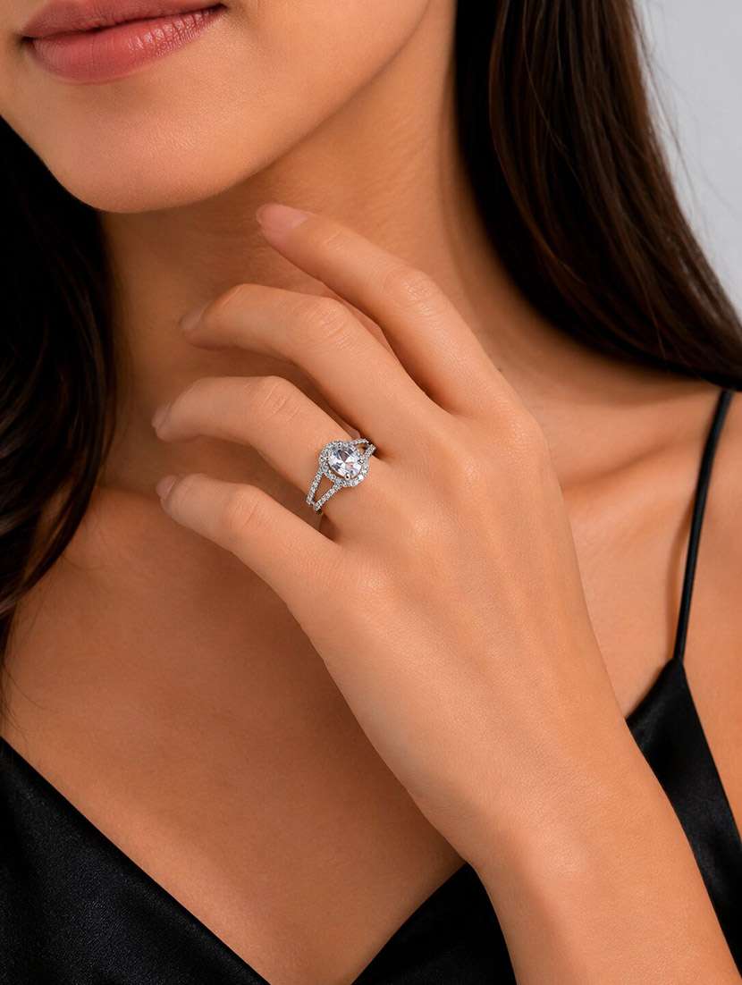 women rhodium plated american diamond with oval center stone & halo openwork pattern ring - 22687552 -  Standard Image - 3