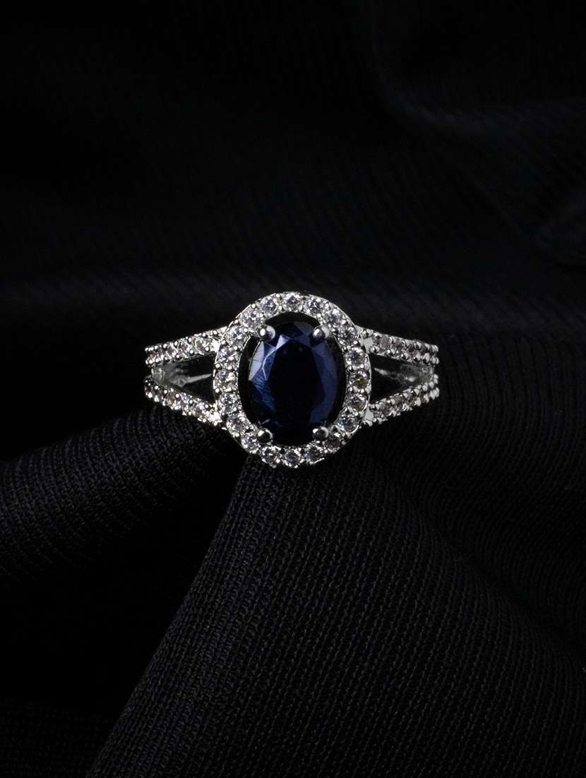 women rhodium plated american diamond with oval center stone & halo openwork pattern ring
