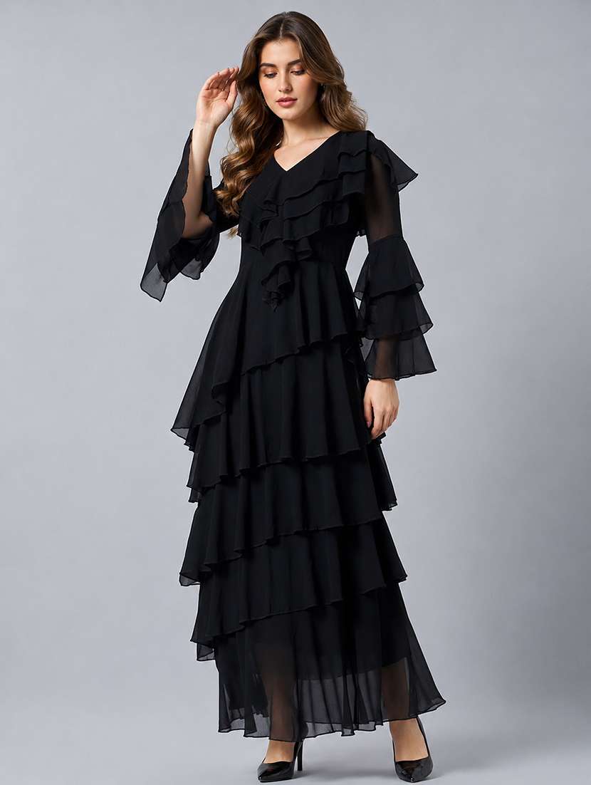women solid bell sleeves layered dress