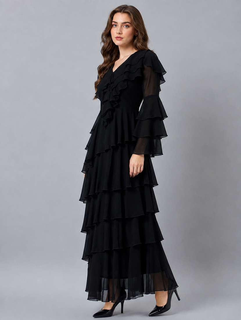 Women Solid Bell Sleeves Layered Dress - 22687995 -  Standard Image - 3