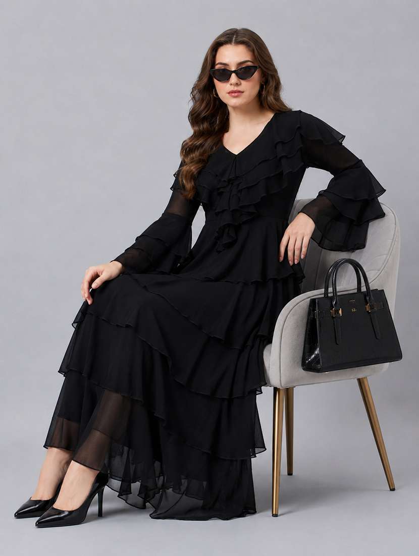 Women Solid Bell Sleeves Layered Dress - 22687995 -  Standard Image - 5
