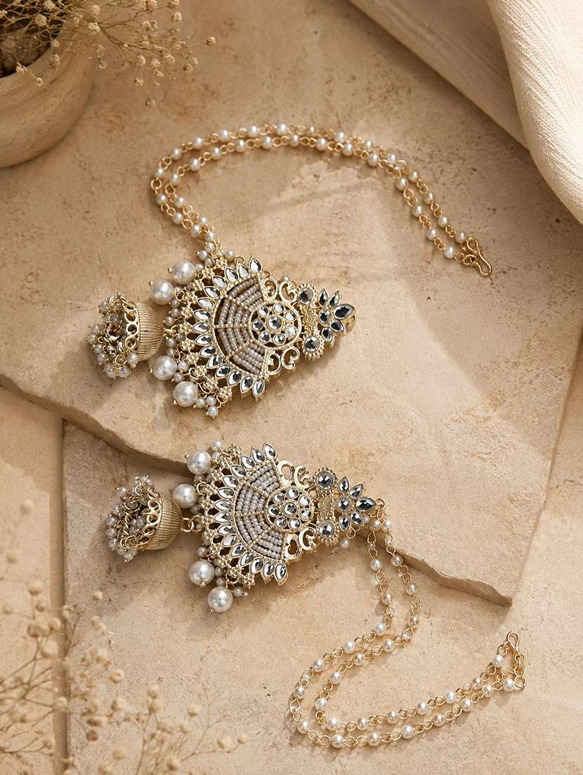 women gold kundan pearl jhumka with chain
