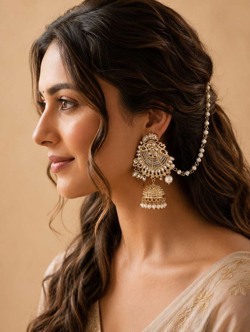 women gold kundan pearl jhumka with chain - 22688029 -  Standard Image - 3