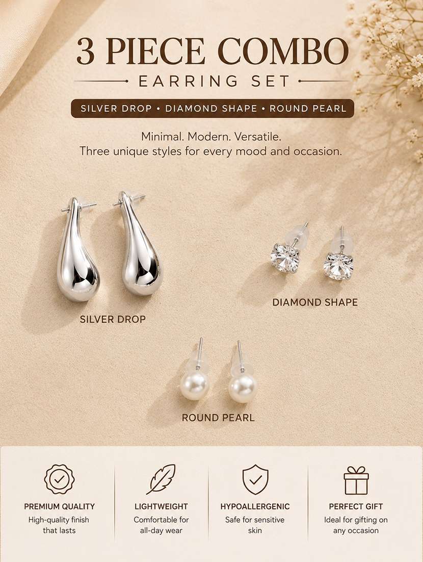 women pack of 3 silver earrings set - 22688030 -  Standard Image - 3