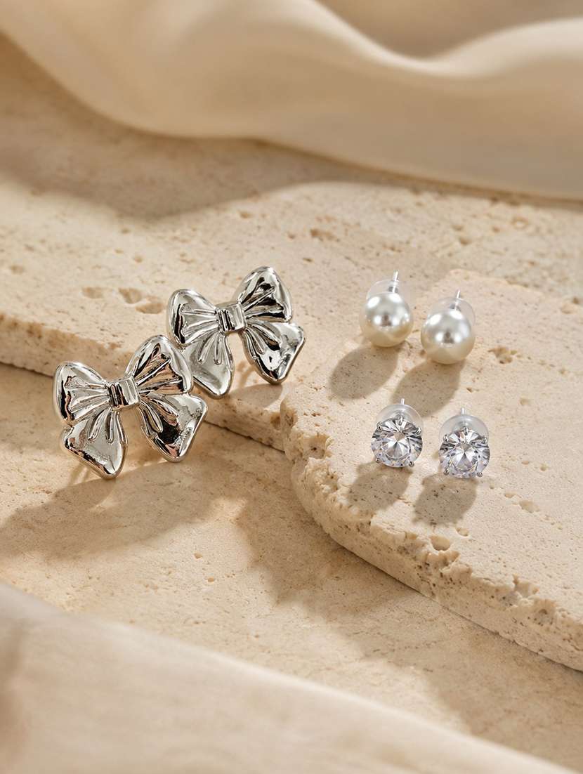 women pack of 3 silver metal studs earrings 