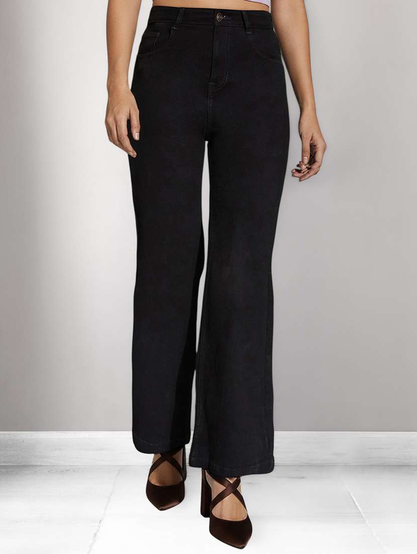 women solid high rise bootcut jeans