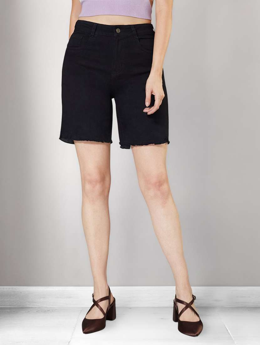 women solid high rise denim shorts