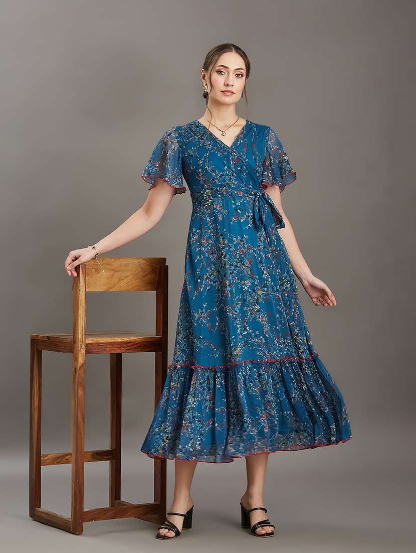 women printed flared sleeves tiered dress