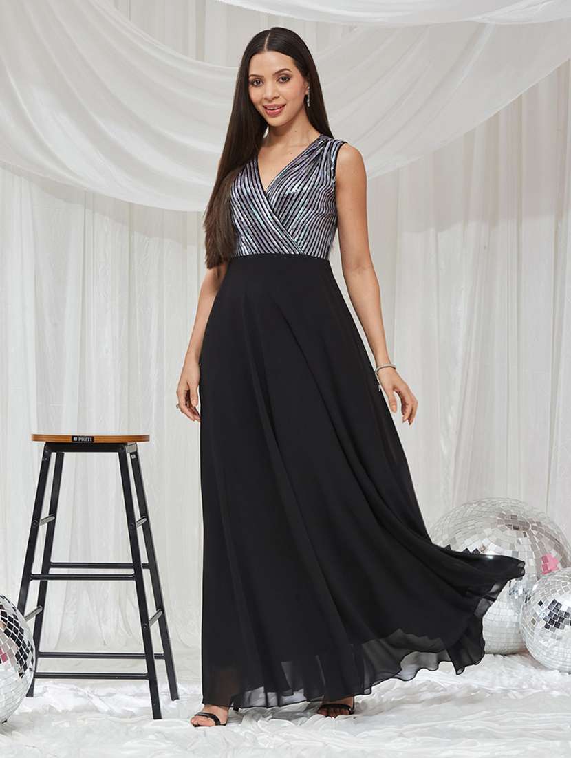 women sequined sleeveless fit and flare gown