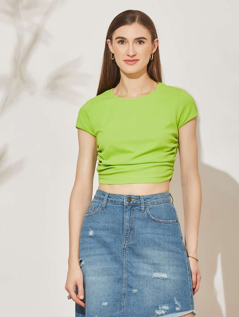 women solid short sleeves crop top
