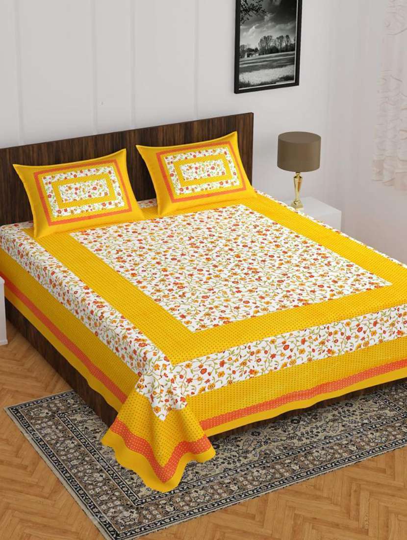 timeless trends yellow 144 tc polka dot border printed double bedsheet with 2 pillow covers