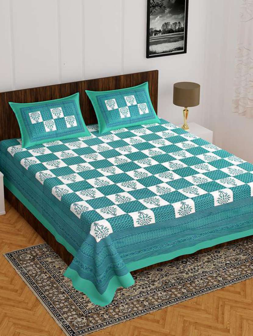 timeless trends sea green 144 tc checks & tree printed double bedsheet with 2 pillow covers