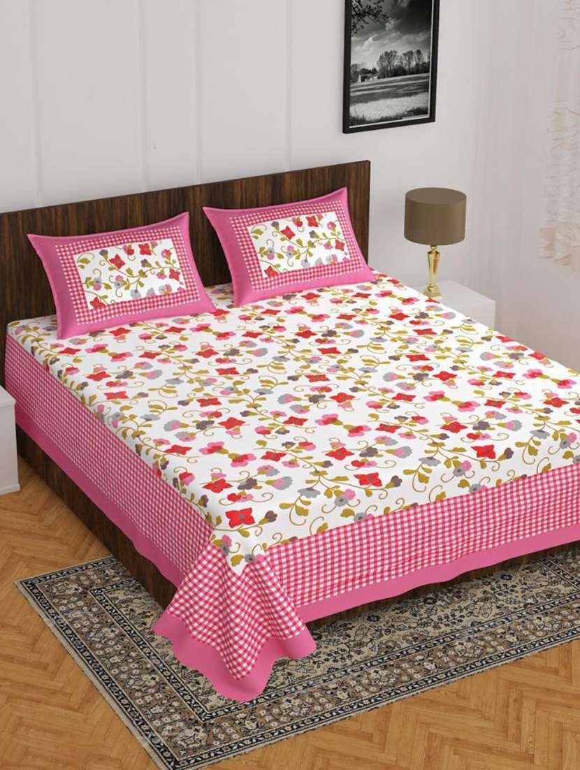 timeless trends pink 144 tc small checks printed double bedsheet with 2 pillow covers