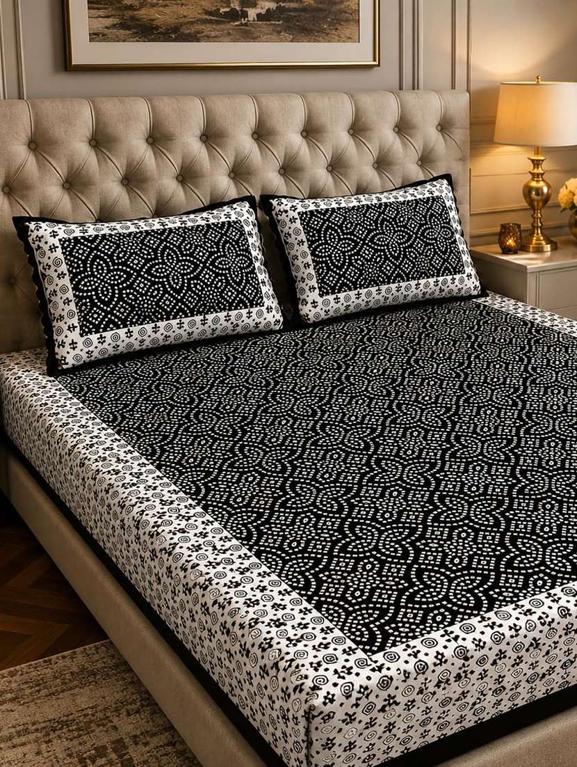 timeless trends black 144 tc traditional bandhani chunri printed double bedsheet with 2 pillow covers