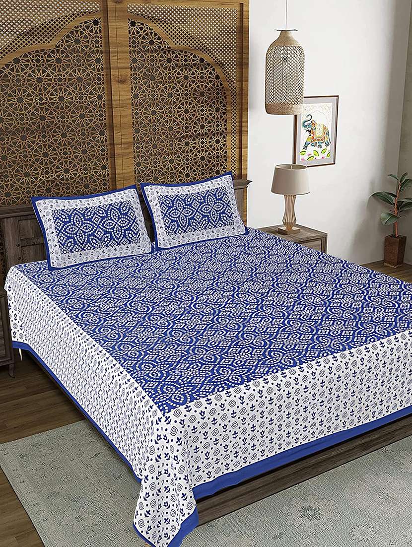 timeless trends blue 144 tc traditional bandhani chunri printed double bedsheet with 2 pillow covers