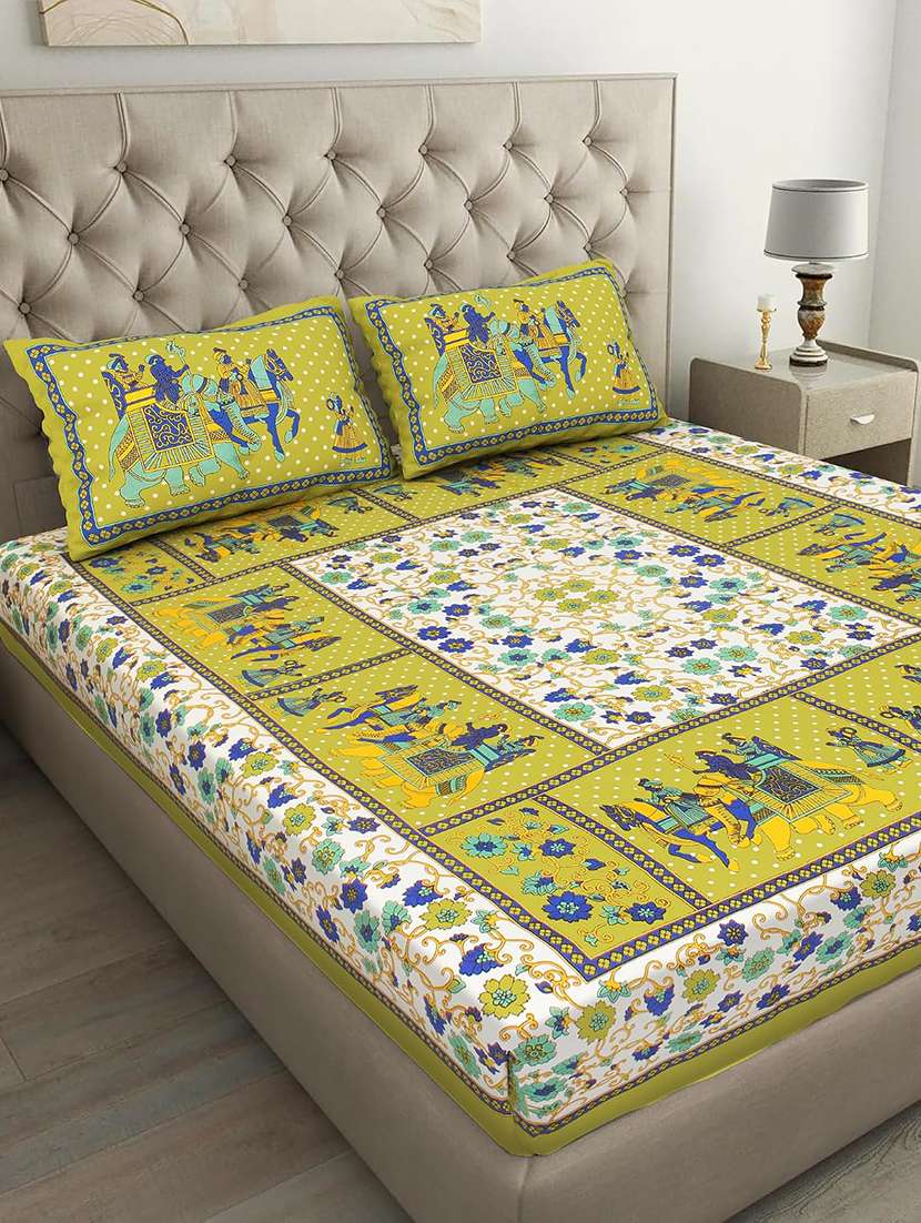timeless trends green 144 tc elephant motif traditional printed double bedsheet with 2 pillow covers