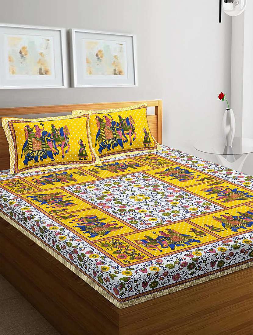 timeless trends yellow 144 tc elephant motif traditional printed double bedsheet with 2 pillow covers