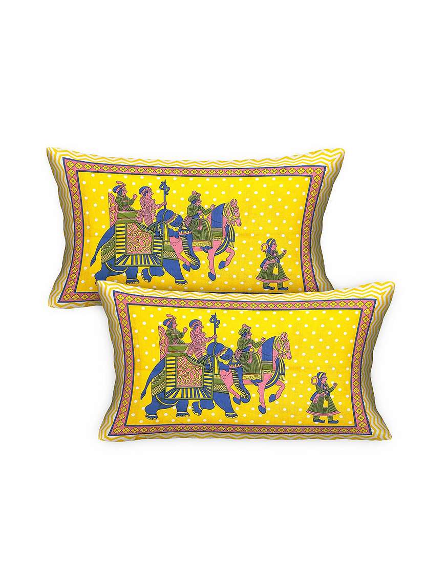 Timeless Trends Yellow 144 Tc Elephant Motif Traditional Printed Double Bedsheet With 2 Pillow Covers - 22688849 -  Standard Image - 3