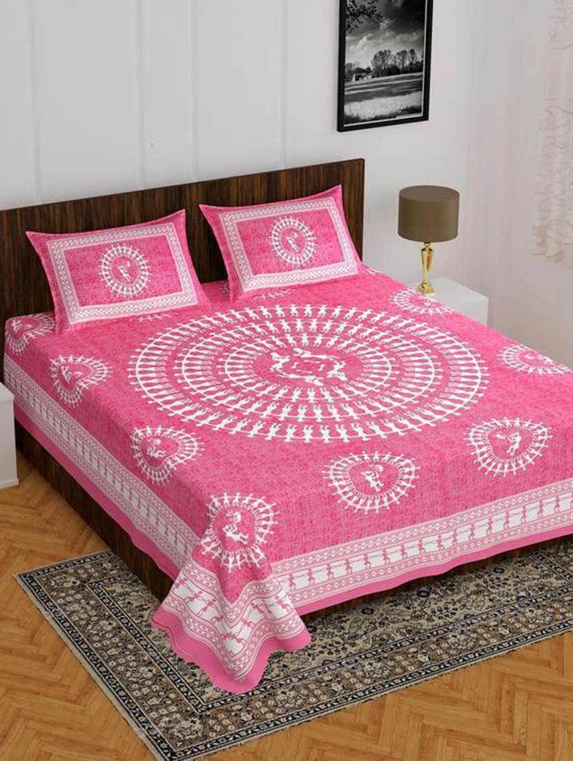 timeless trends pink 144 tc tribal human print double bedsheet with 2 pillow covers