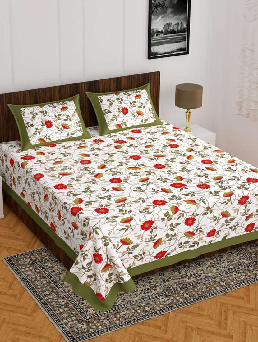 timeless trends white 144 tc floral pattern printed double bedsheet with 2 pillow covers