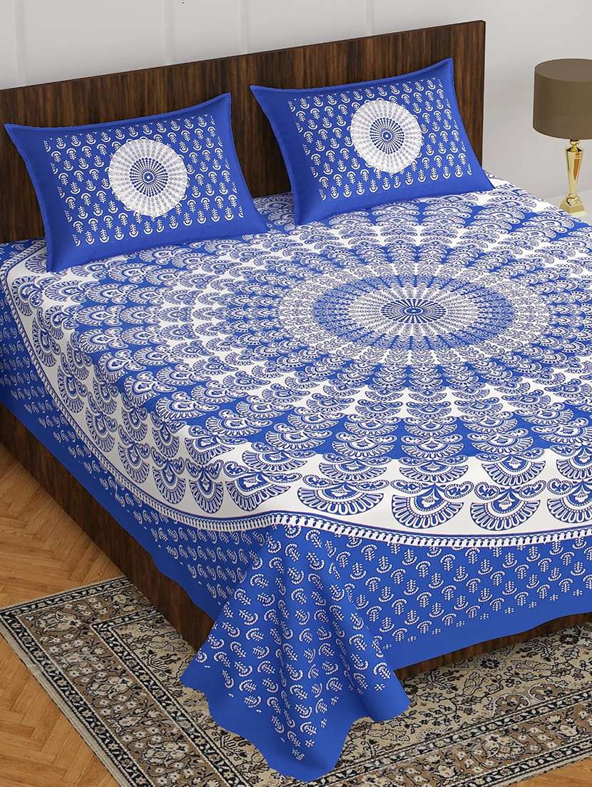 timeless trends blue 144 tc peacock feather printed double bedsheet with 2 pillow covers