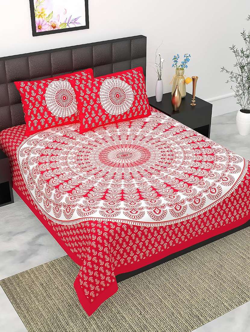 timeless trends red 144 tc peacock feather printed double bedsheet with 2 pillow covers