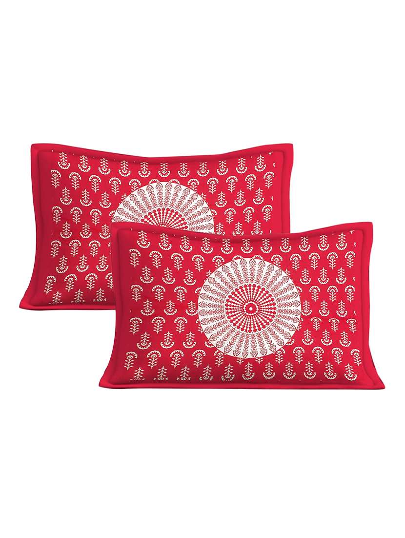 Timeless Trends Red 144 Tc Peacock Feather Printed Double Bedsheet With 2 Pillow Covers - 22688853 -  Standard Image - 3