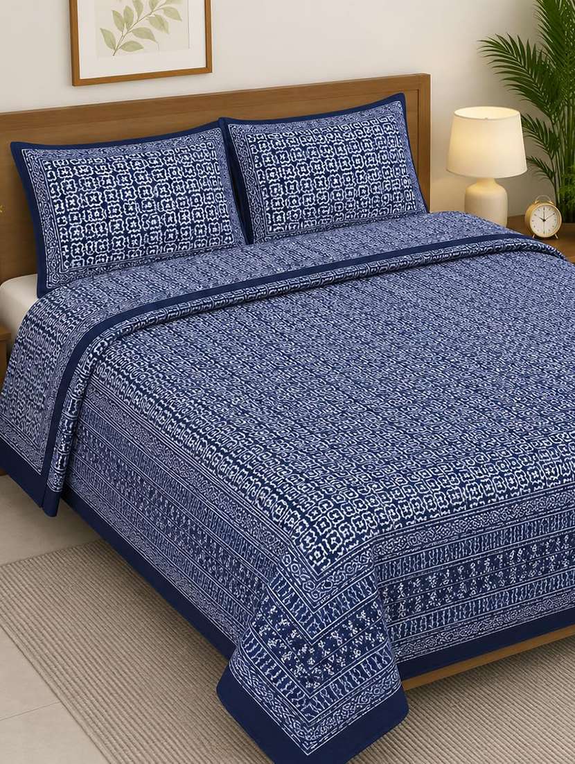jaipuri cotton double bed king size bedsheet with 2 pillow covers (108 x 108 inches, navy blue) chunri design cnb01