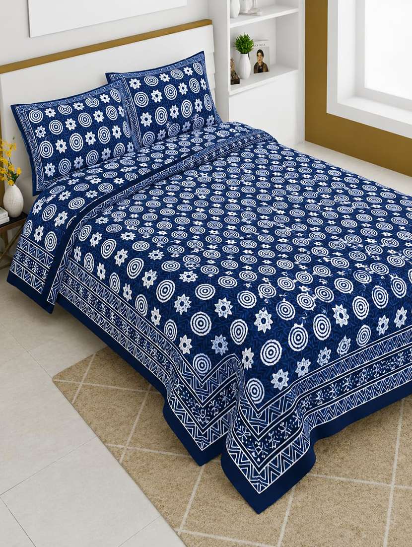 pure jaipuri cotton double bed king size bedsheet with 2 pillow covers (108 x 108 inches, blue) | traditional mandala cfn01