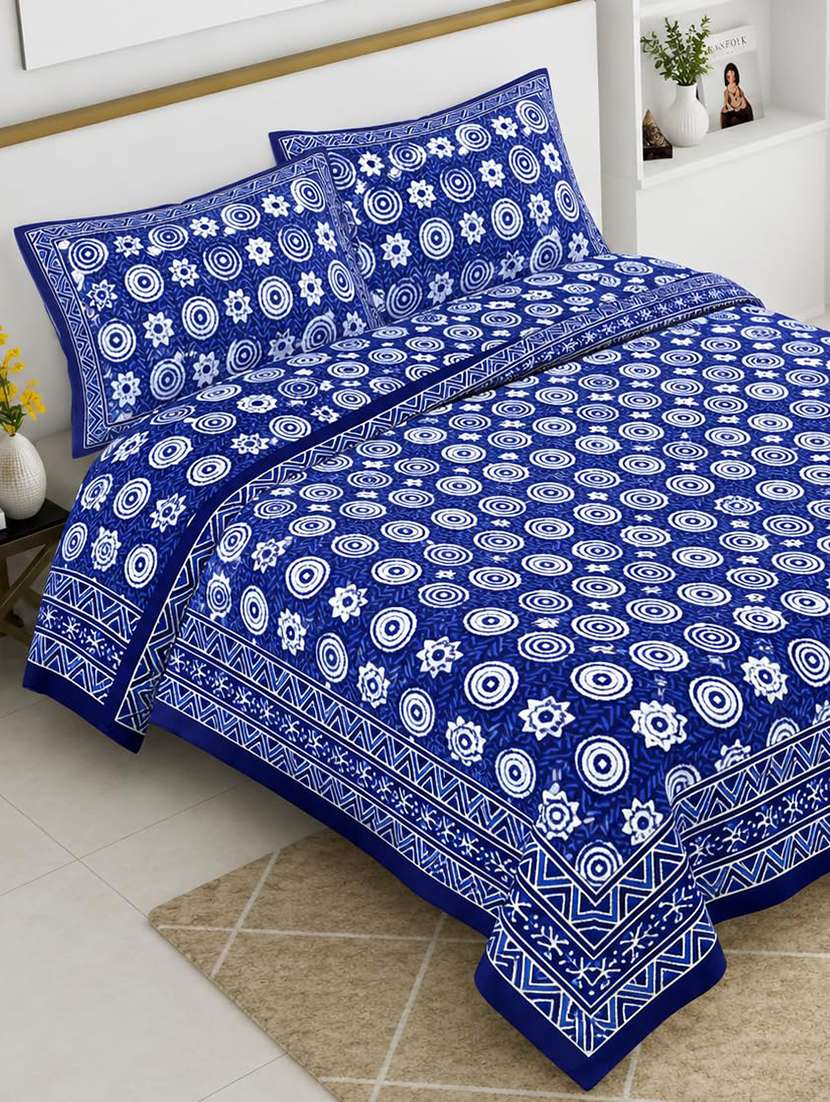 pure jaipuri cotton double bed king size bedsheet with 2 pillow covers (108 x 108 inches, blue) | traditional mandala cfb03