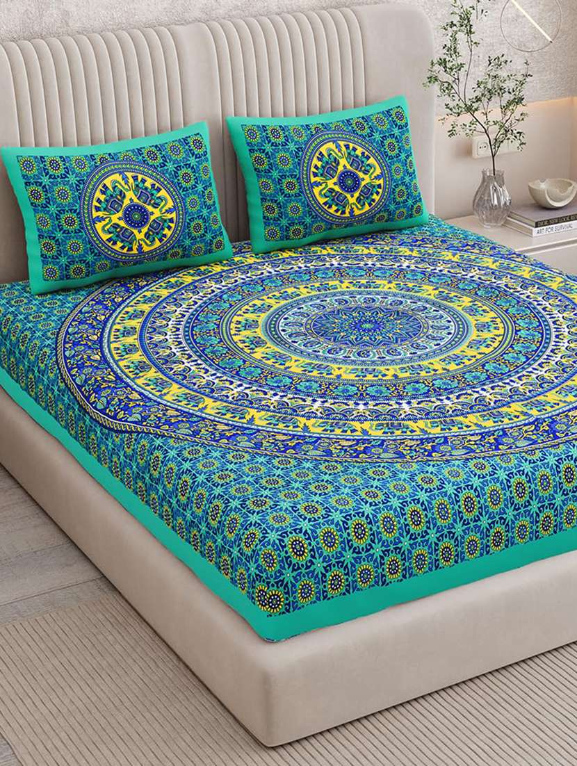 timeless trends jaipuri 100 % cotton double bedsheet with 2 pillow ce01
