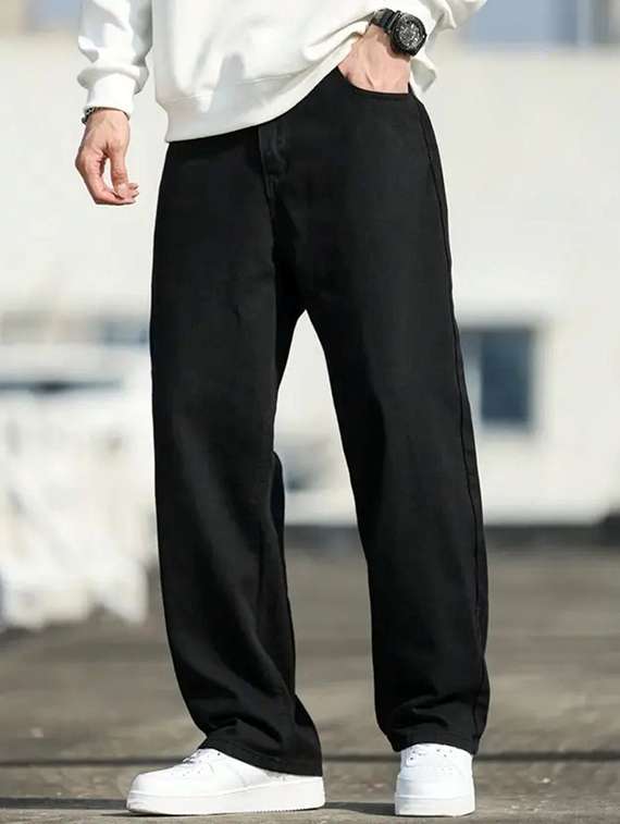 men plain mid rise full length baggy jeans